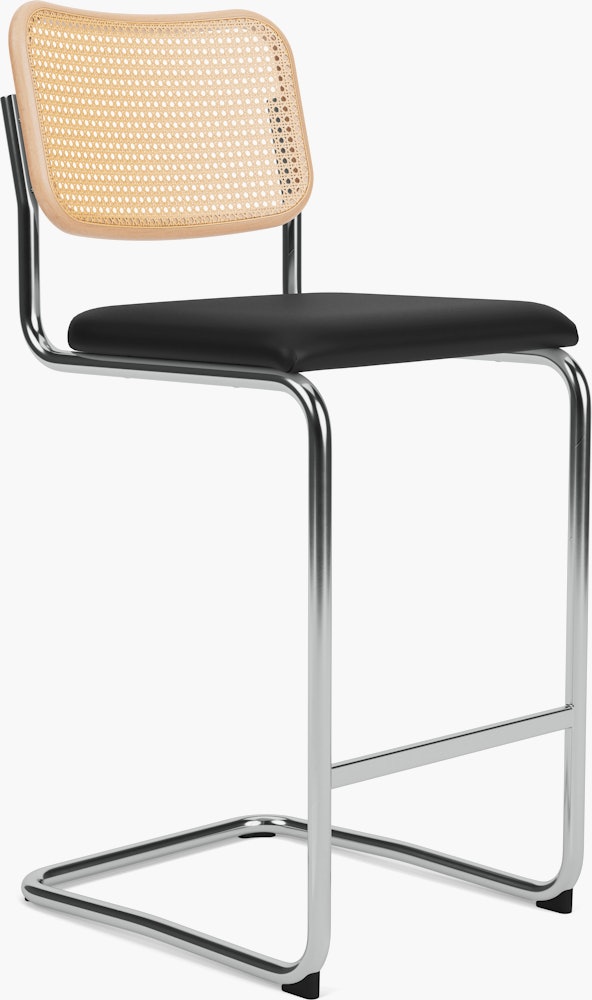 Cesca Bar Stool - Caned/Natural Beech Back, Upholstered Seat, Volo Leather, Black