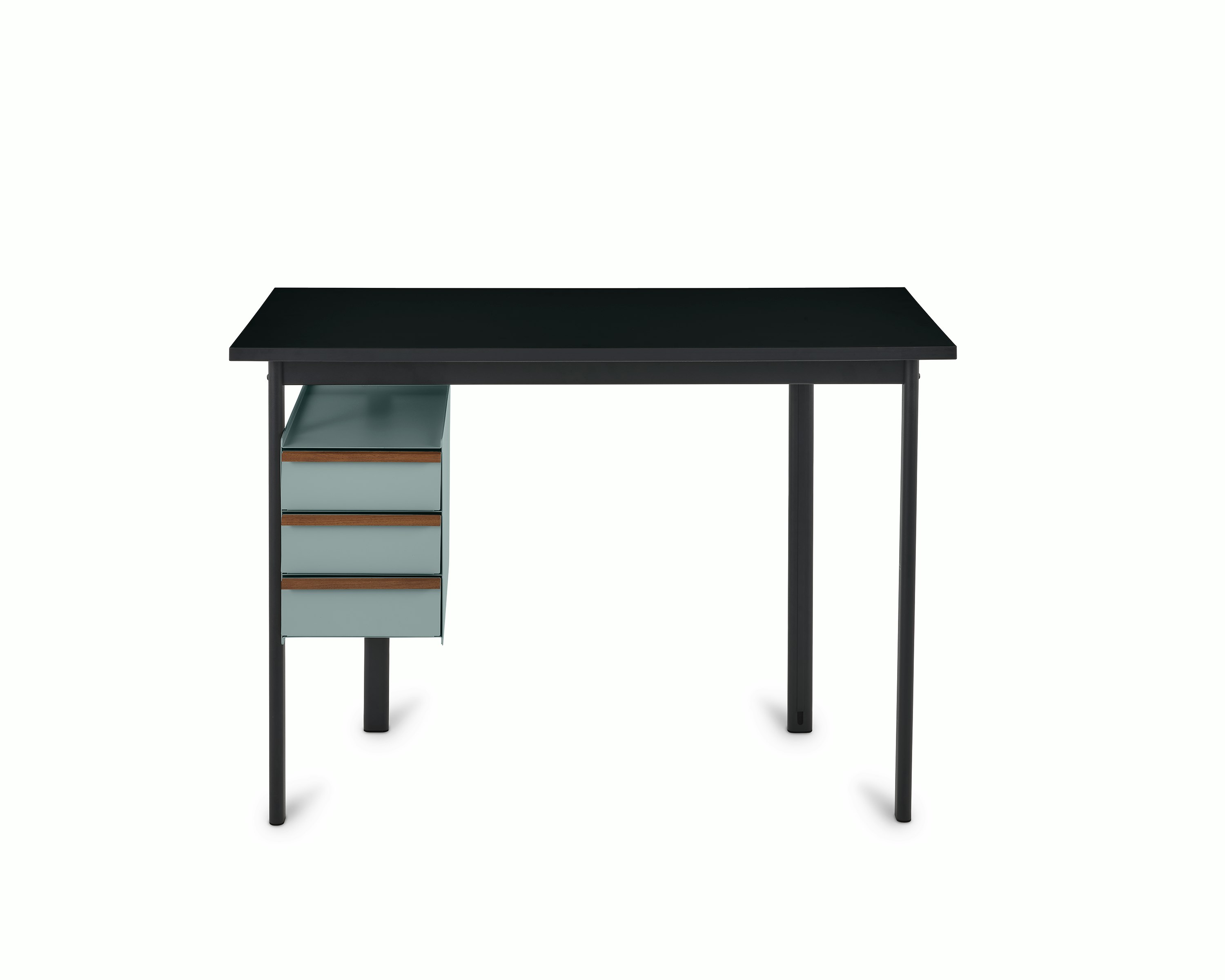 Mode Desk, front view, black top with light blue drawers