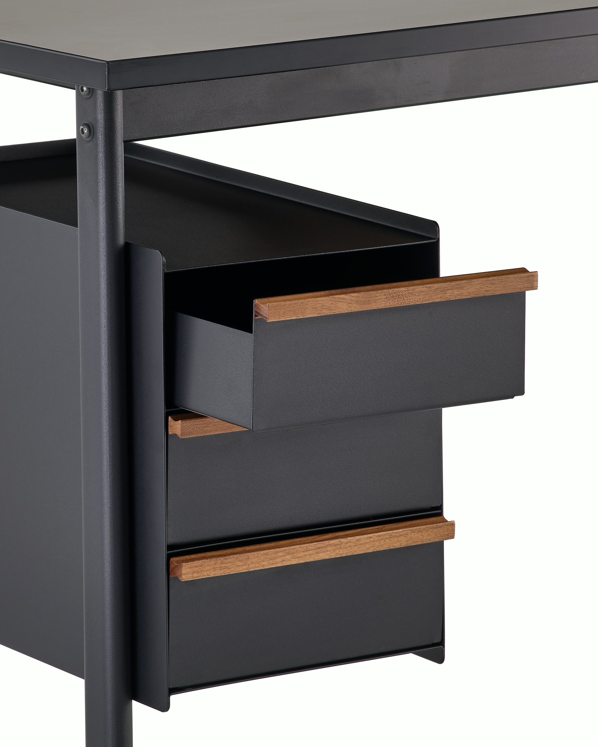 Detail view of drawers in black with walnut pulls with the top drawer open on a Mode desk.