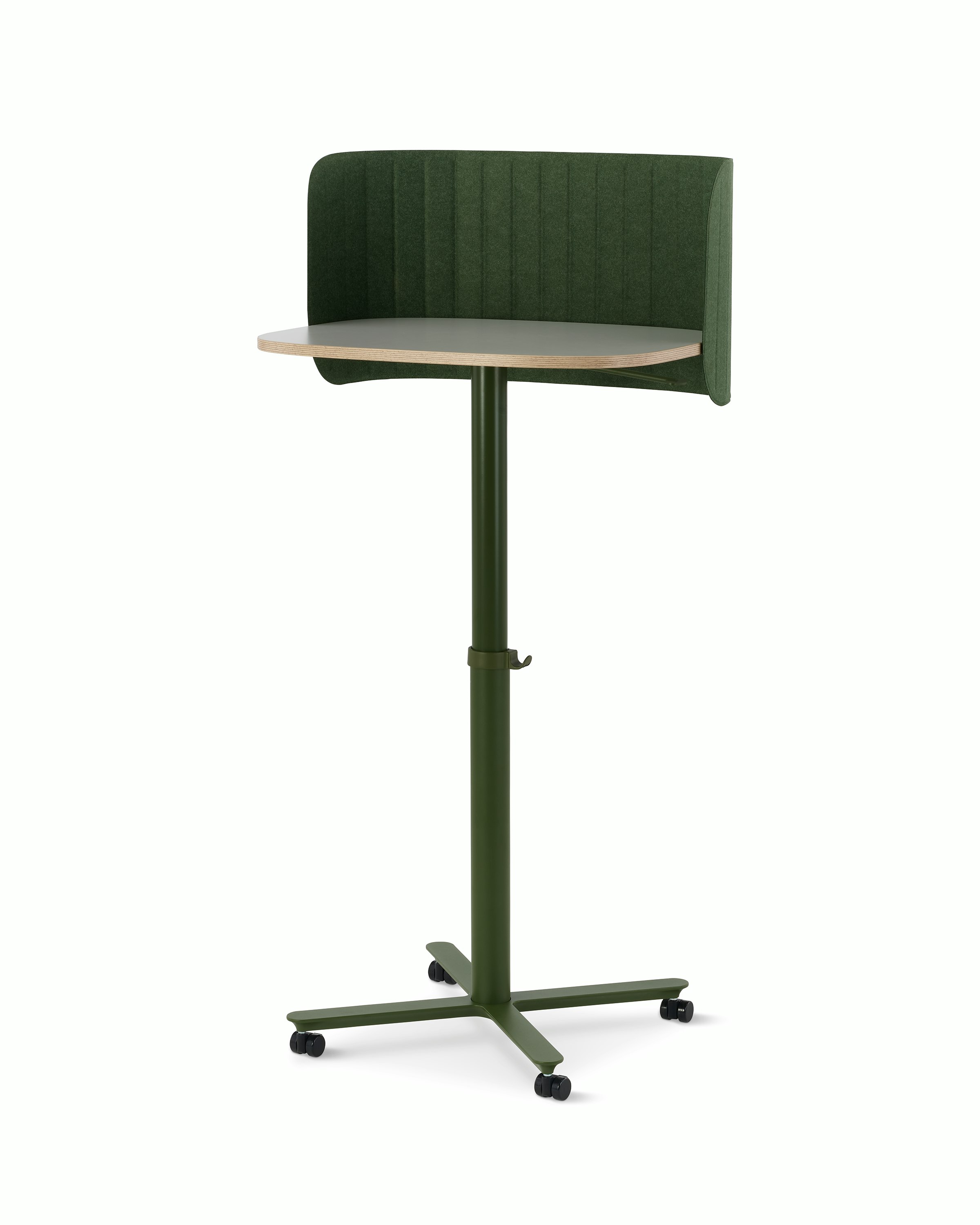 Passport Work Table with white surface, plywood edge, and olive base on casters, shown with a green screen.