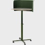 Passport Work Table with white surface, plywood edge, and olive base on casters, shown with a green screen.