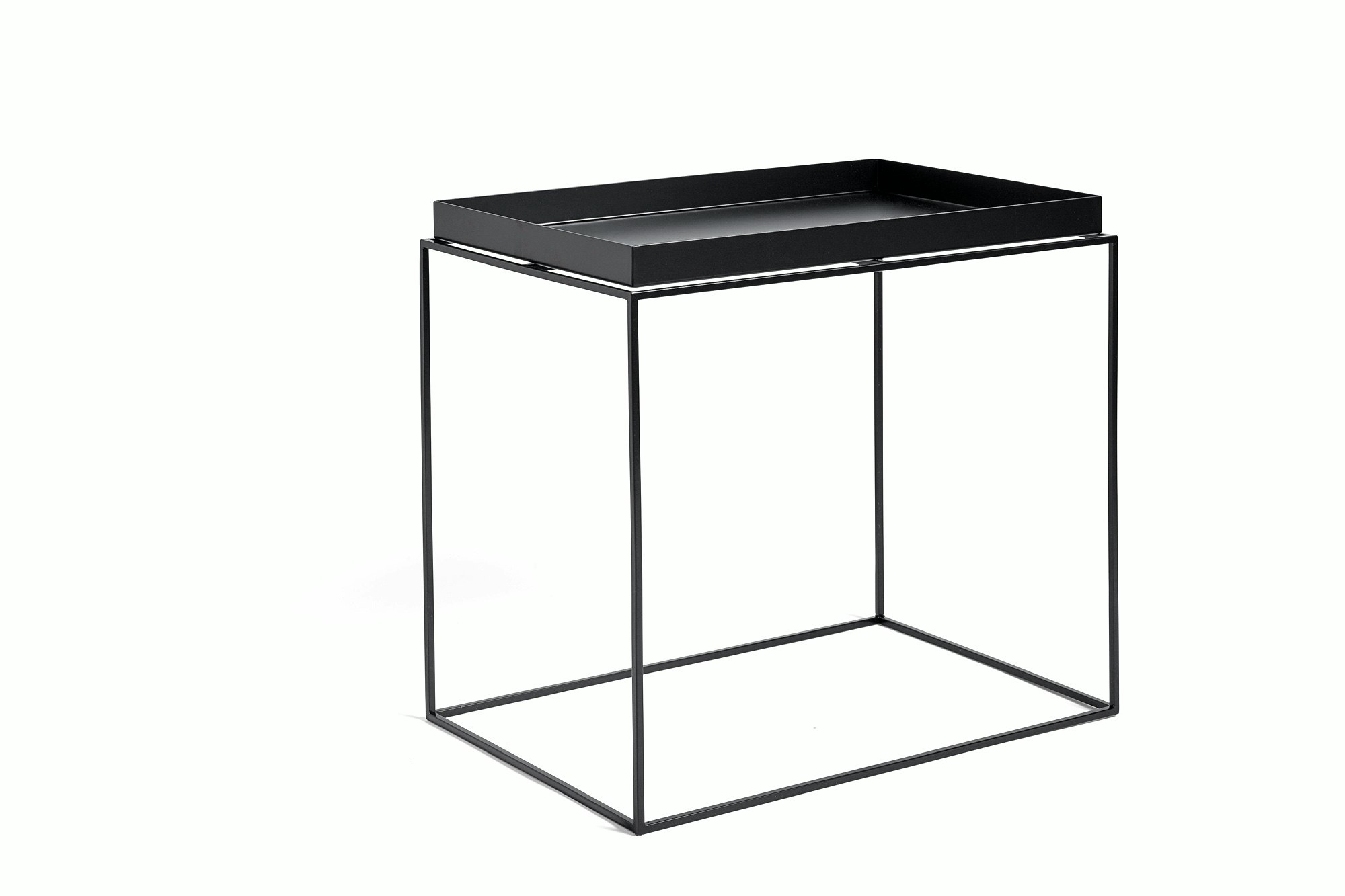 Black, rectangle Tray Side Table, viewed at an angle.