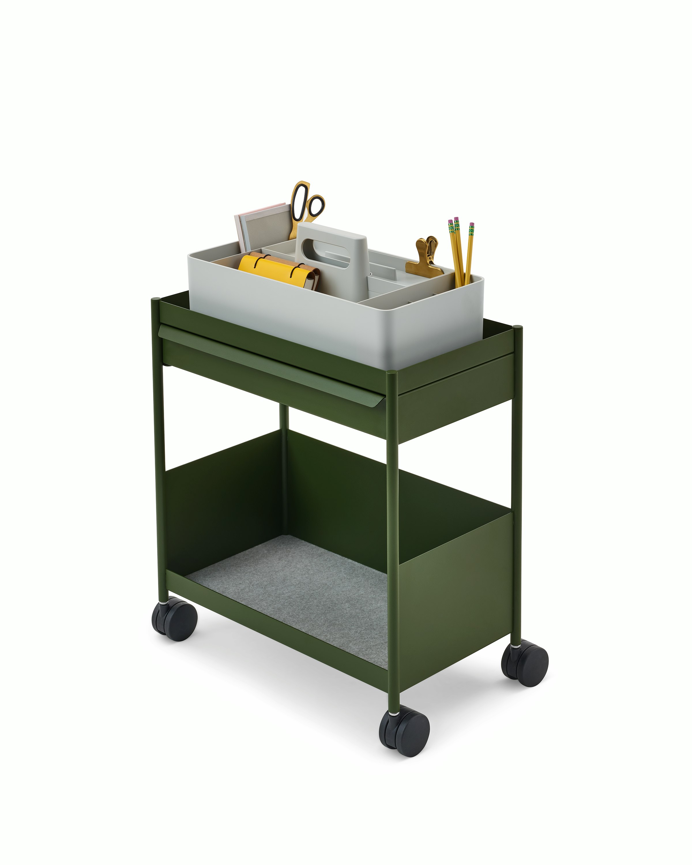 Grey OE1 Workbox on a green OE1 Storage Trolley, viewed from a front angle.