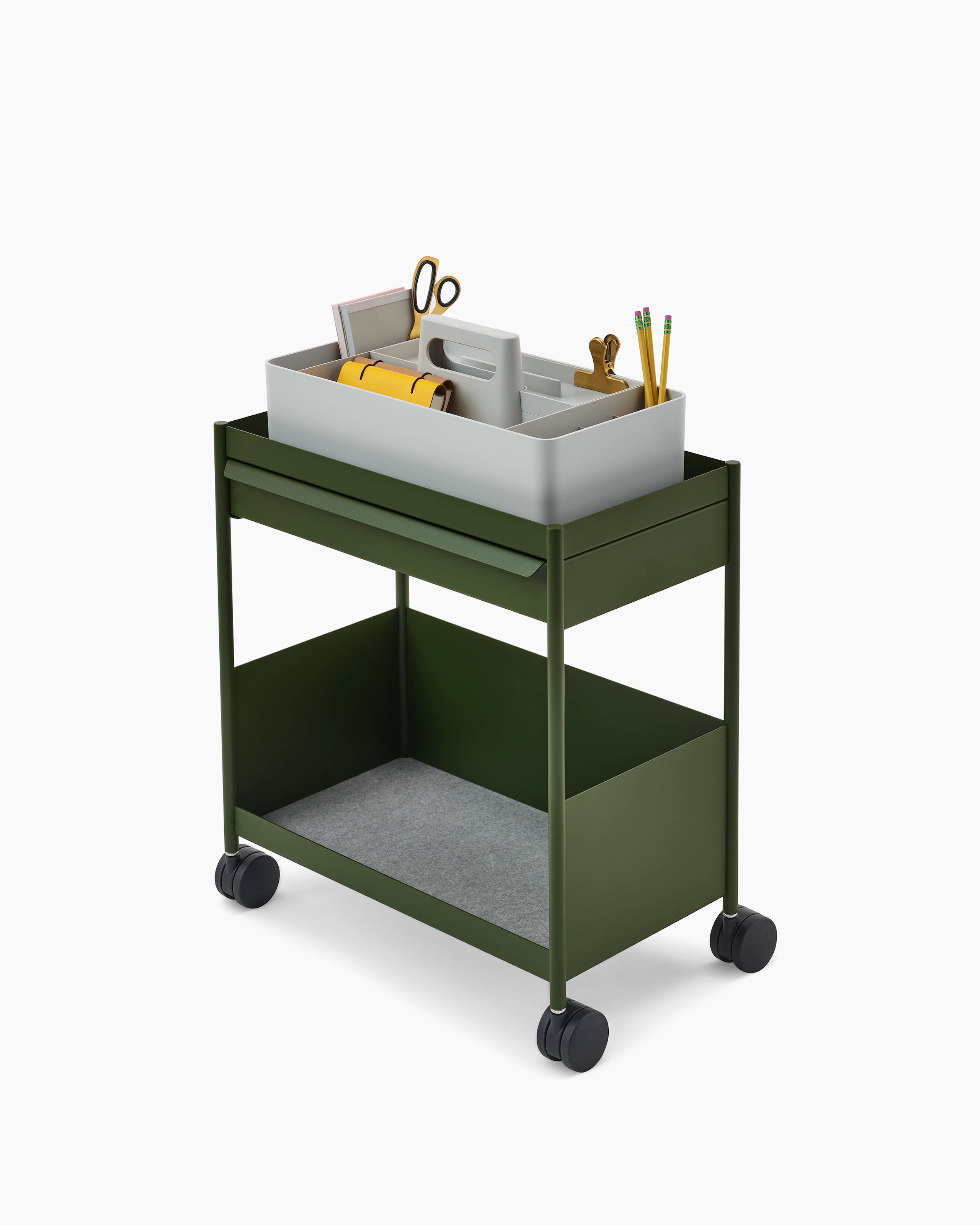 Grey OE1 Workbox on a green OE1 Storage Trolley, viewed from a front angle.