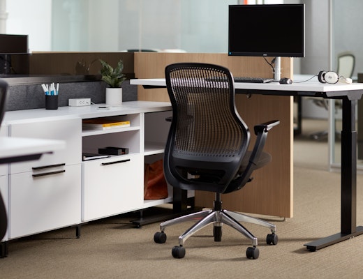 Shared Workstation with k. stand Adjustable Height Table Anchor Raised Storage Doublewide Dividends Horizon Panel Gallery Screens Add Up Grey Glass