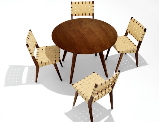 Risom Round Dining Table and webbed Risom side chairs