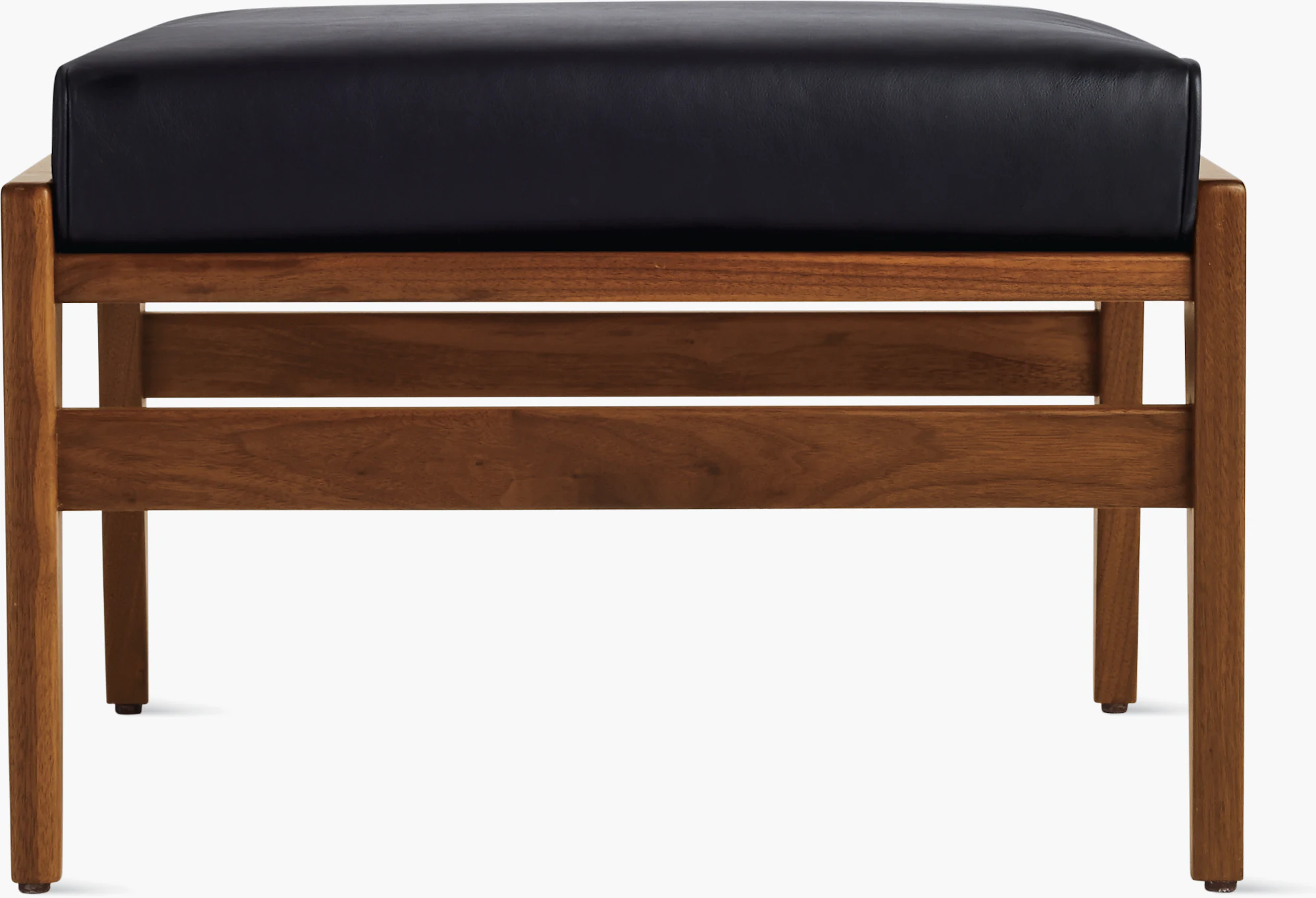 Black leather Jens ottoman front view with wood base