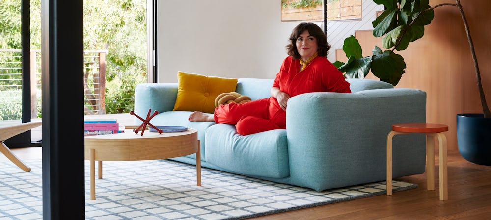 Ellen Bennett Living Room with Kelston Sofa,   Arc Swivel Table and Maschi Rug