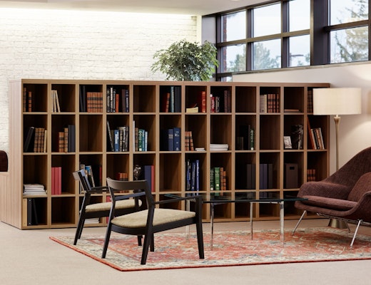 Library anchor storage open lockers Barcelona table Krusin lounge chair Womb settee Saarinen Executive Armless chair Community Space Activity Space Library