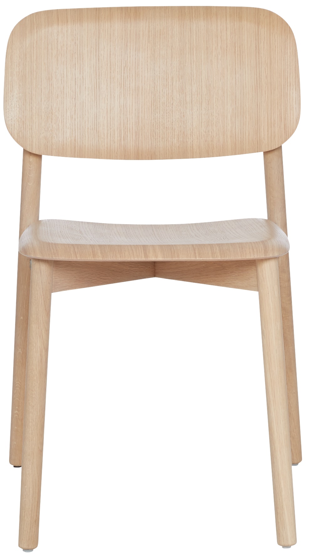 A matte lacquered oak Soft Edge 12 Side Chair viewed from the front