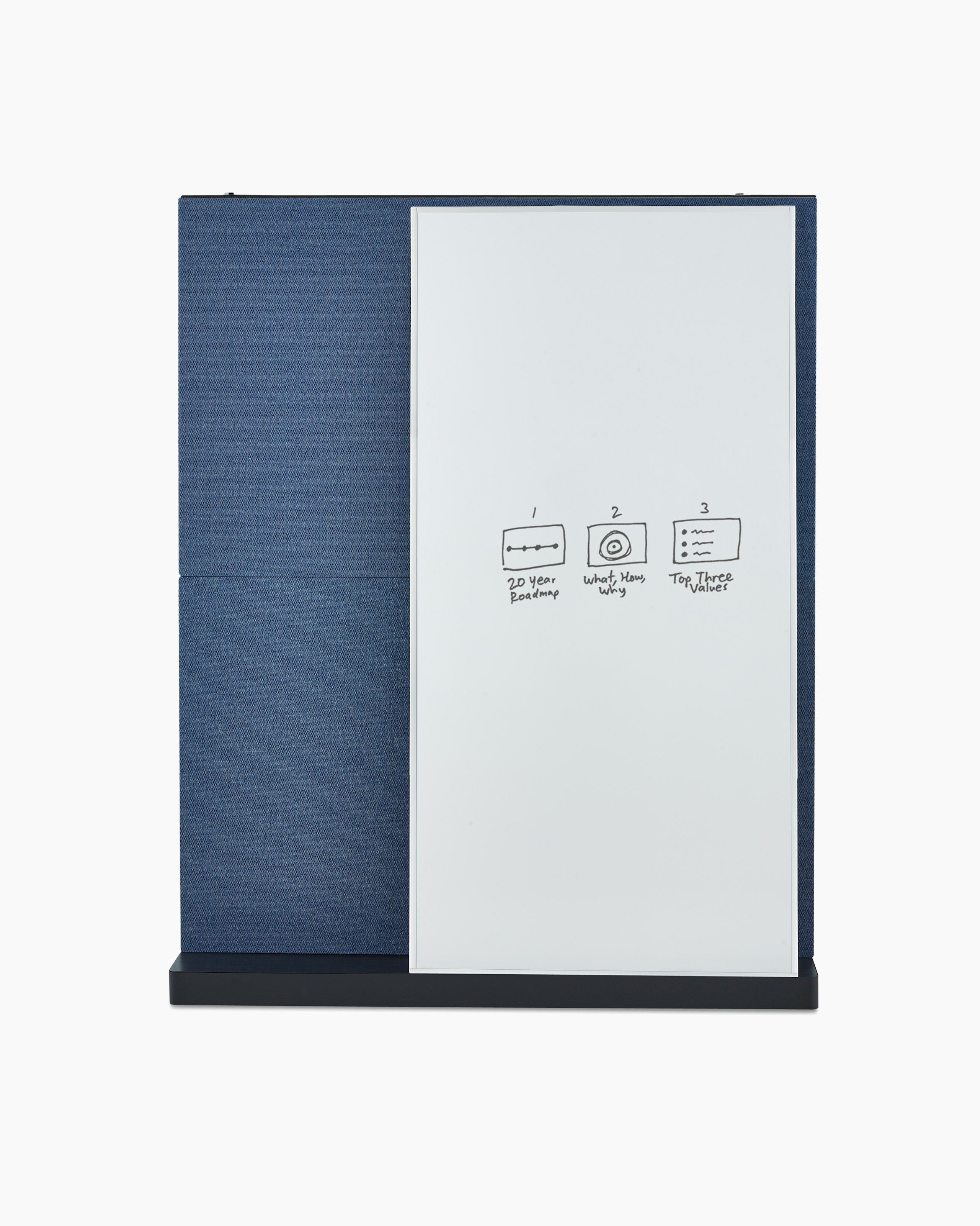 A black OE1 Agile Wall with blue fabric upper and lower tiles and white marker board, viewed from the front.