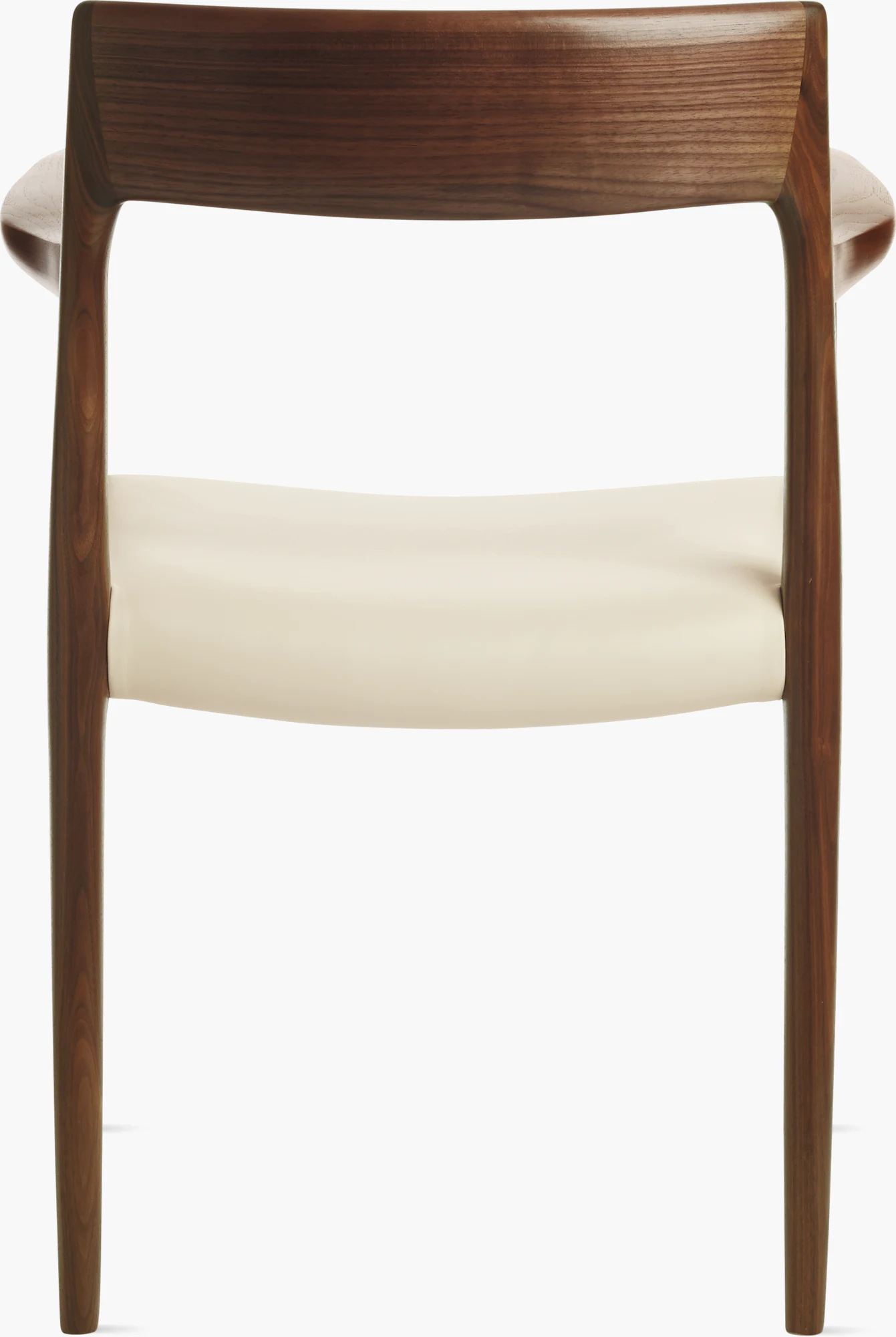 Back view of Moller Model 57 armchair with walnut frame and ivory leather seat