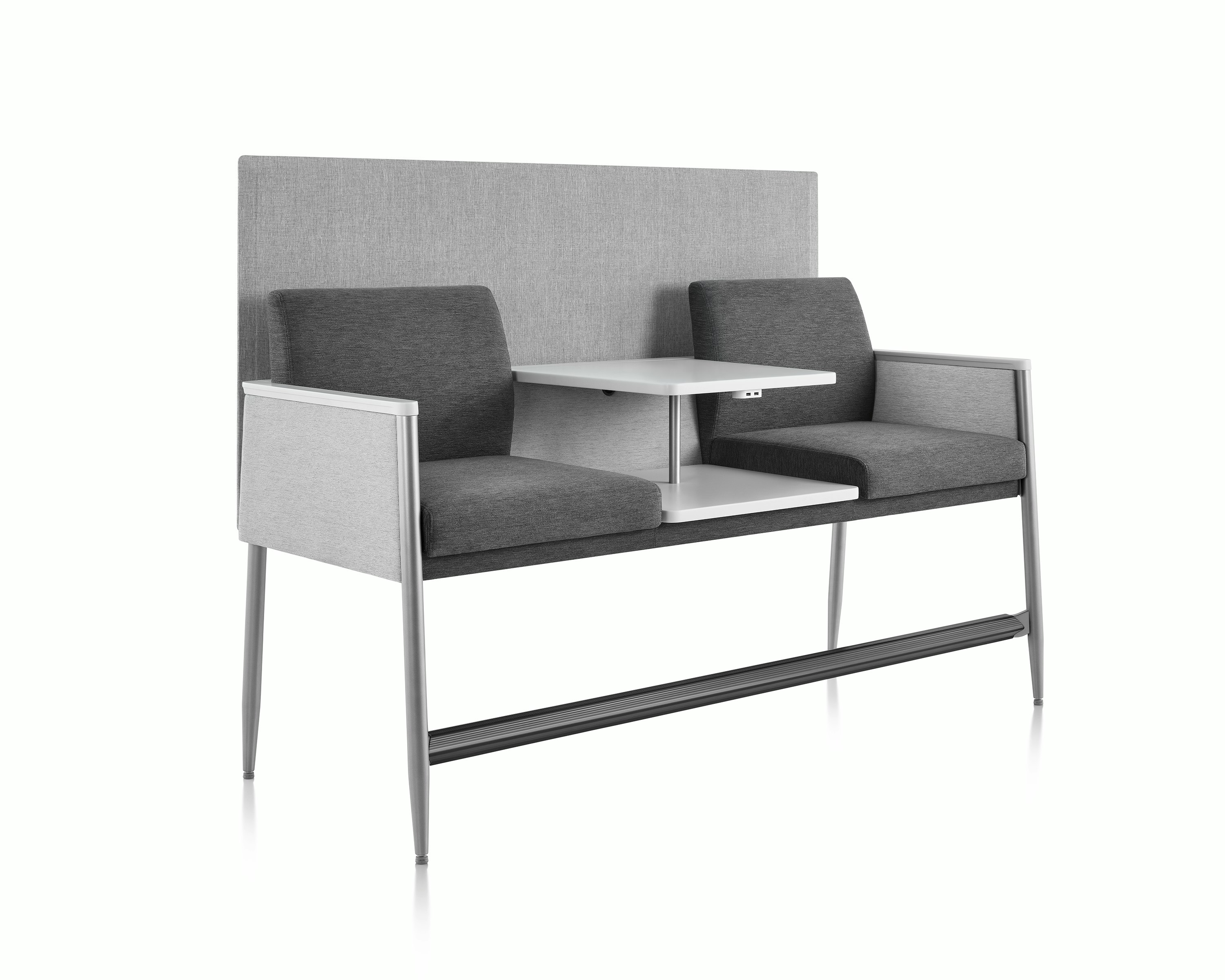 Three-quarter view of Nemschoff Palisade Easy Access Multiple Seating with privacy screen, with solid surface center table and power module.