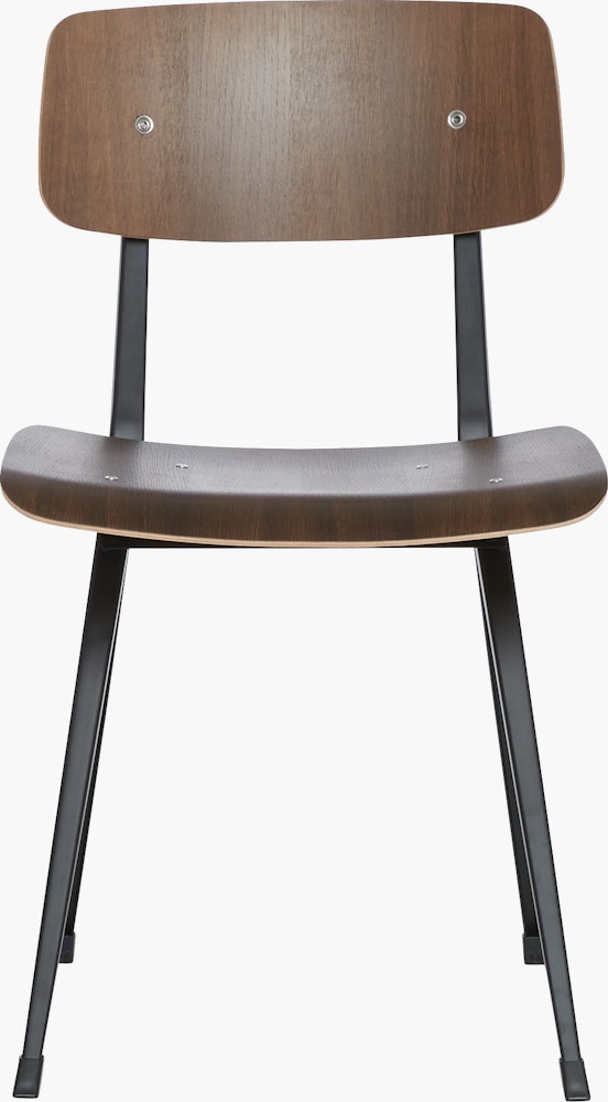 A smoke lacquered oak Result Chair with black base viewed from the front