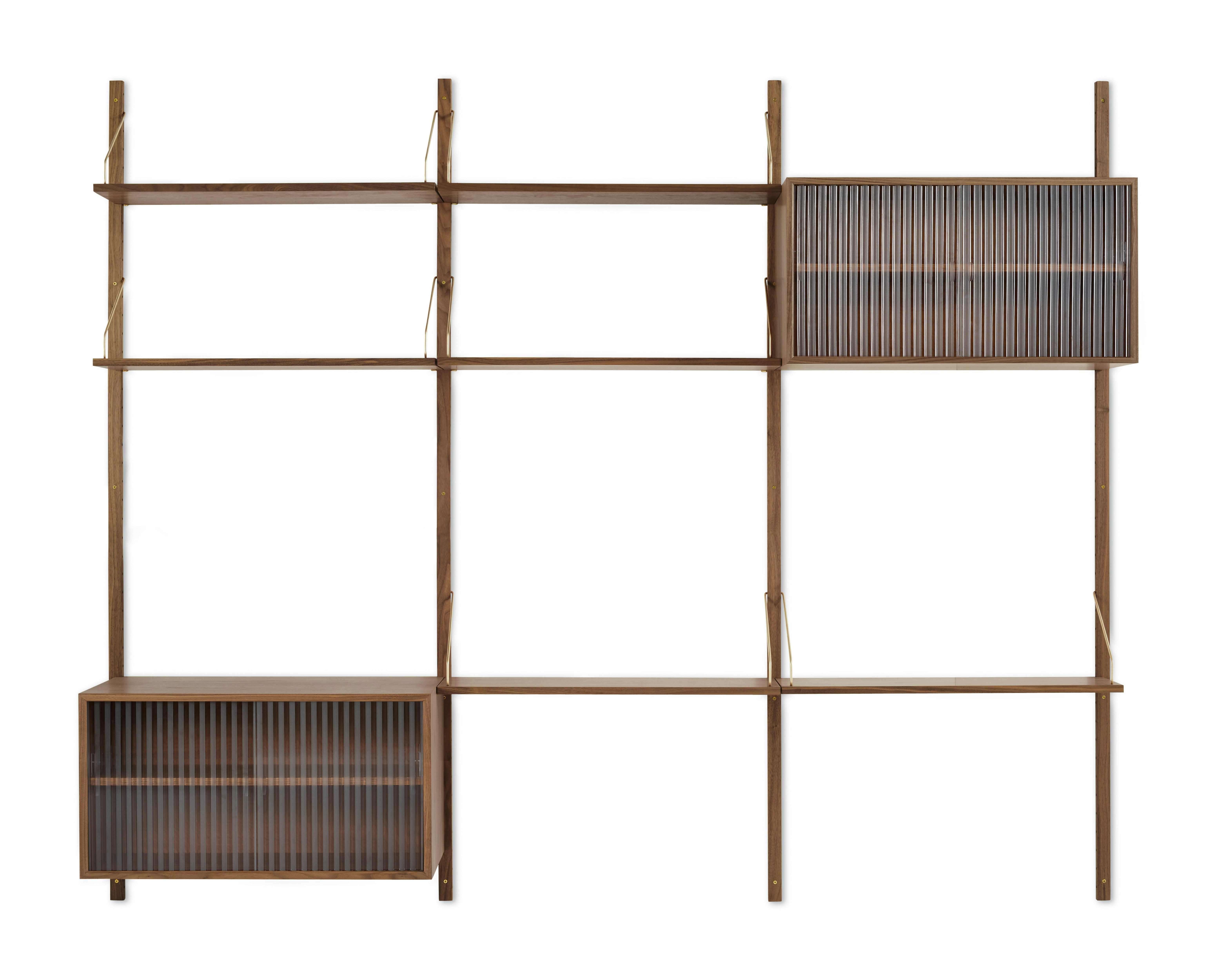 Royal System Shelving 3 Bay - Walnut,  Rippled Glass Cabinet