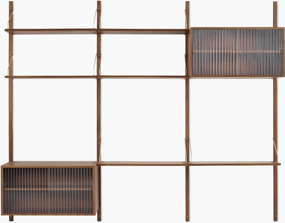 Royal System Shelving 3 Bay - Walnut,  Rippled Glass Cabinet