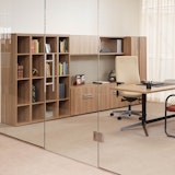 Anchor with Dividends Horizon Private Office laminate fronts wood grain laminate bookcase cubby credenza overhead storage locker tackboard table desk