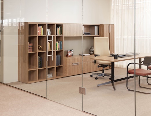 Anchor with Dividends Horizon Private Office laminate fronts wood grain laminate bookcase cubby credenza overhead storage locker tackboard table desk