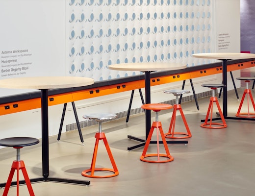 Horsepower, Antenna Y-Base Table and Barber Osgerby Adjustable Height Stools NeoCon 2015 Antenna Design Horsepower Barber Osgerby Adjustable Height Stool Antenna Table Y-Base Round showroom