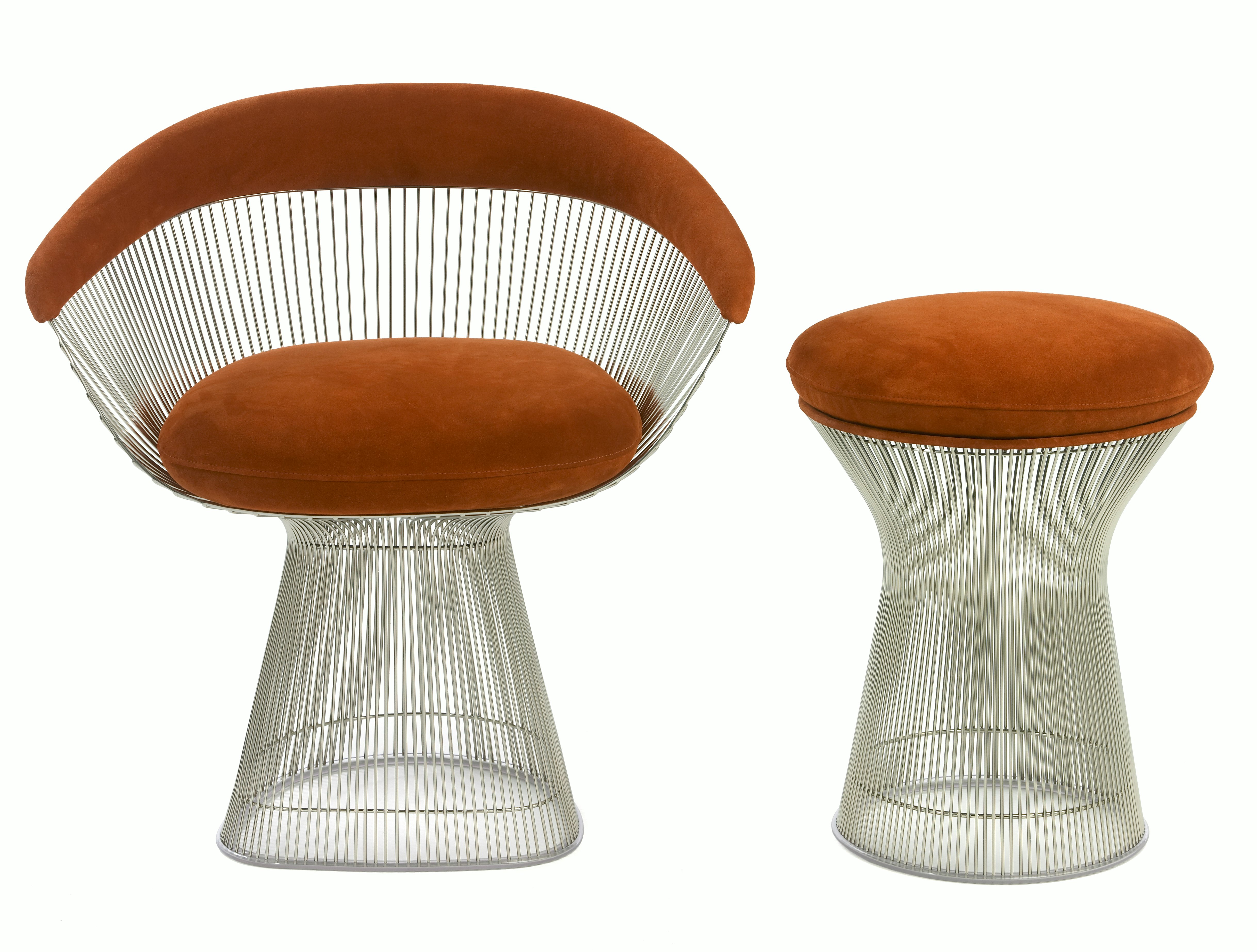 Warren Platner Lounge Chair and Stool in brown upholstery