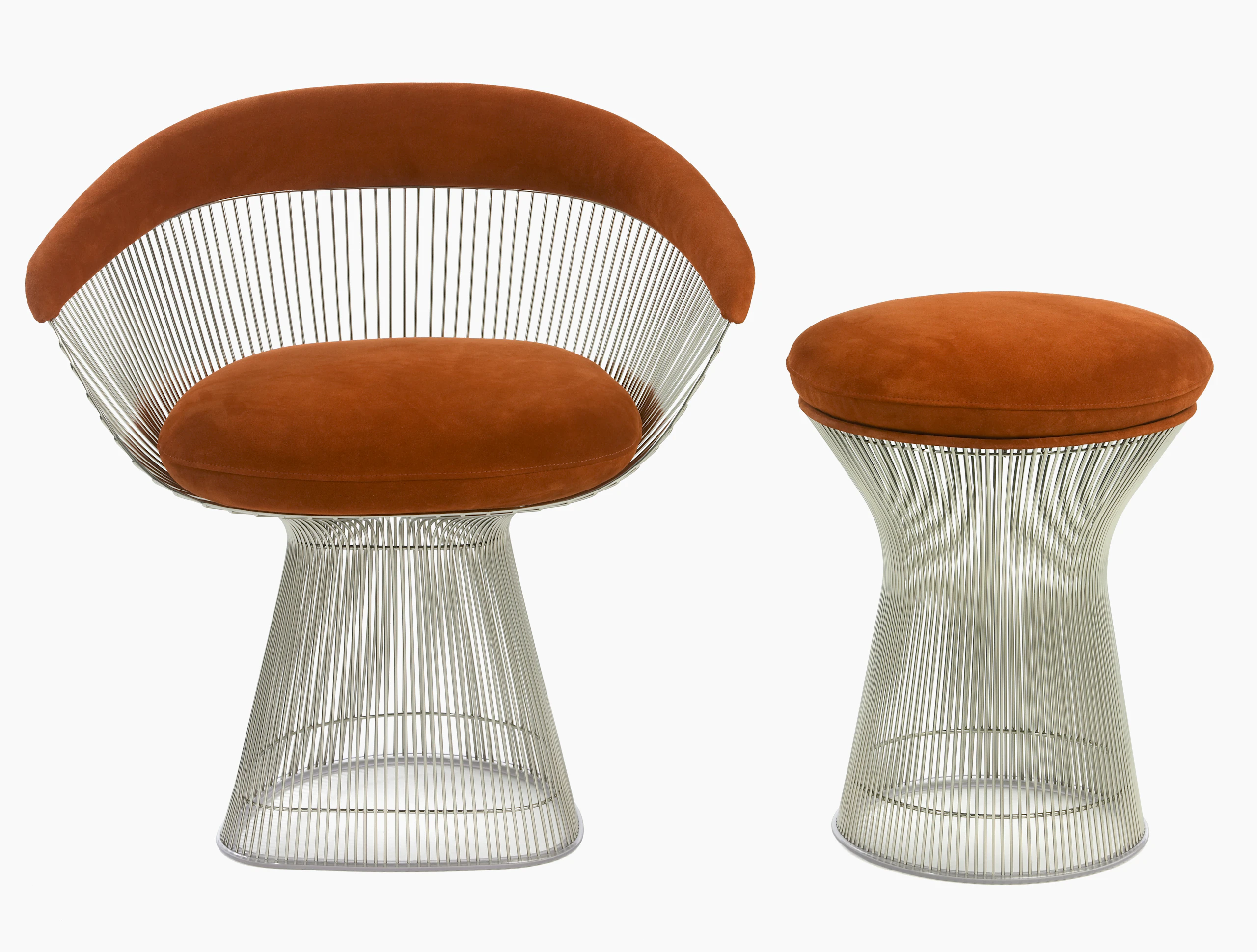 Warren Platner Lounge Chair and Stool in brown upholstery