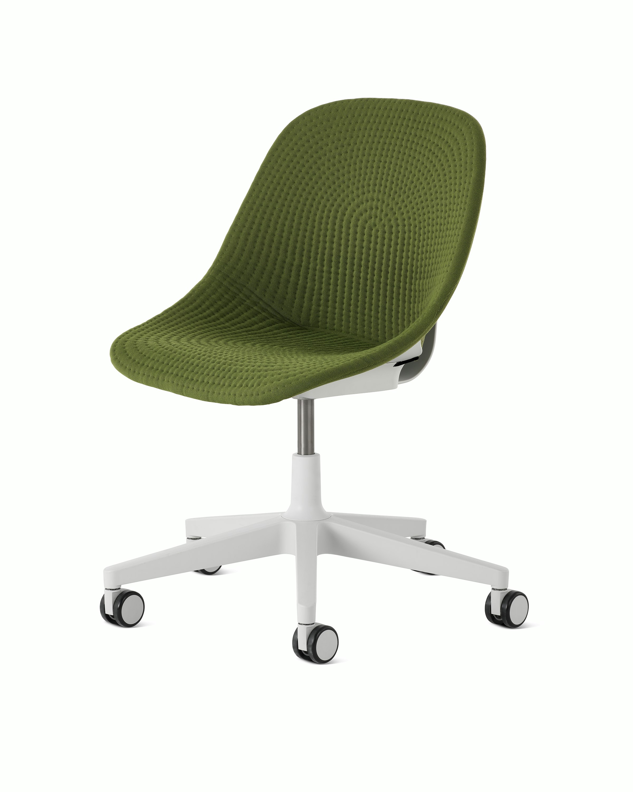 Front angle view of a Zeph chair with no arms in light grey with an olive knit cover