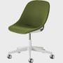 Front angle view of a Zeph chair with no arms in light grey with an olive knit cover
