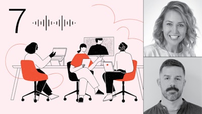 Looking Forward podcast cover art with episode number 7 in the top left corner is stacked alongside a portrait of the guest for this episode, co-authors of a journal article on inclusive design Jolene De Jong and Joseph White.