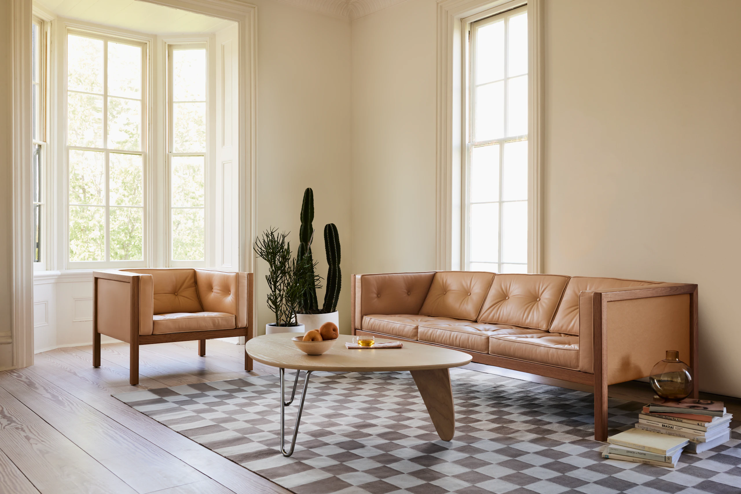 Noguchi Rudder Table, Girard Check Rug, Cube Sofa - 80 in, Cube Armchair