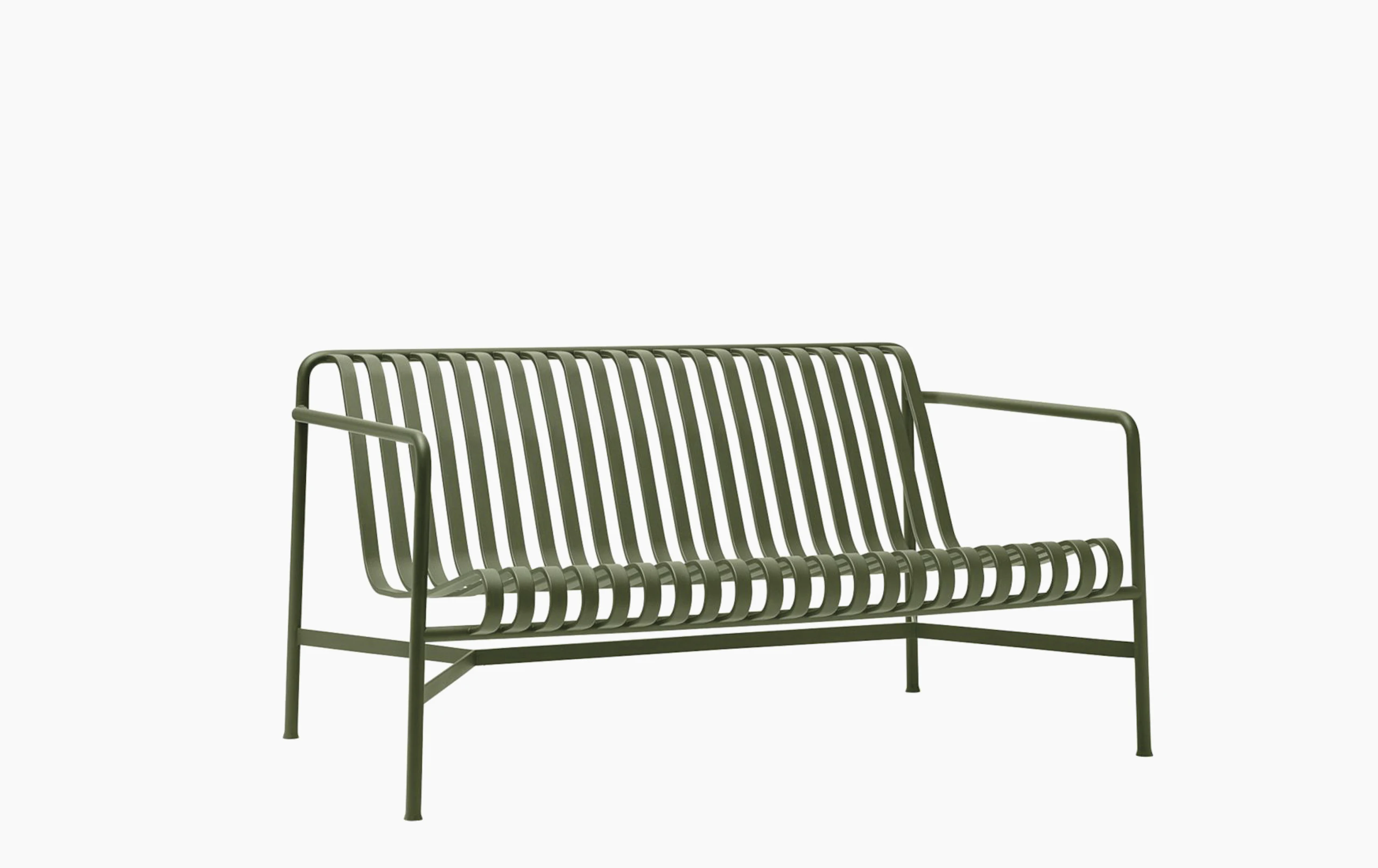 A three quarter view of a Palissade Lounge Sofa in olive green.