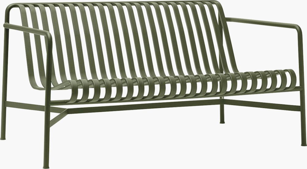 A three quarter view of a Palissade Lounge Sofa in olive green.