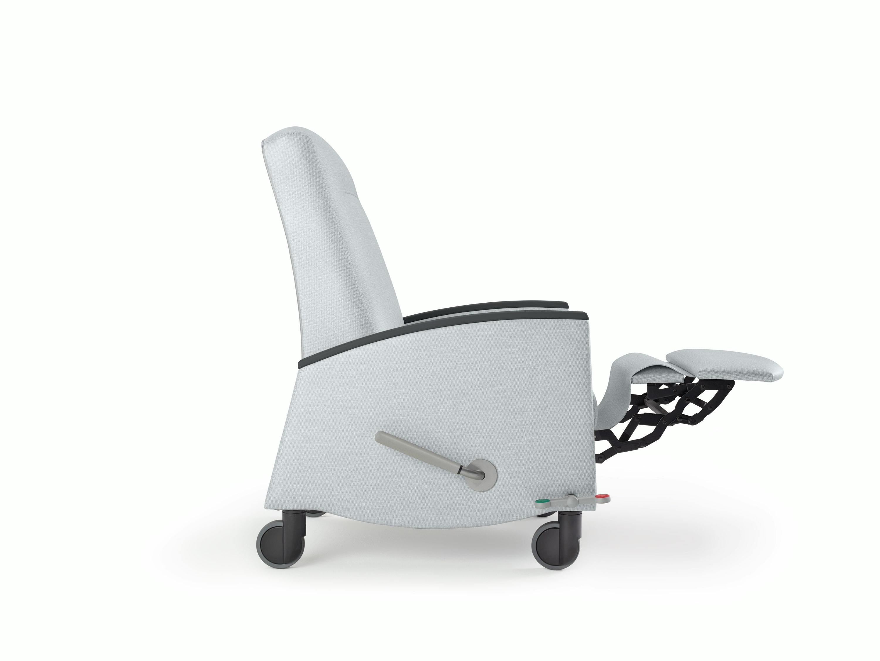 Nemschoff Sahara Recliner in a light gray upholstery and black arm caps and casters with the footrest fully extended, viewed from the side.