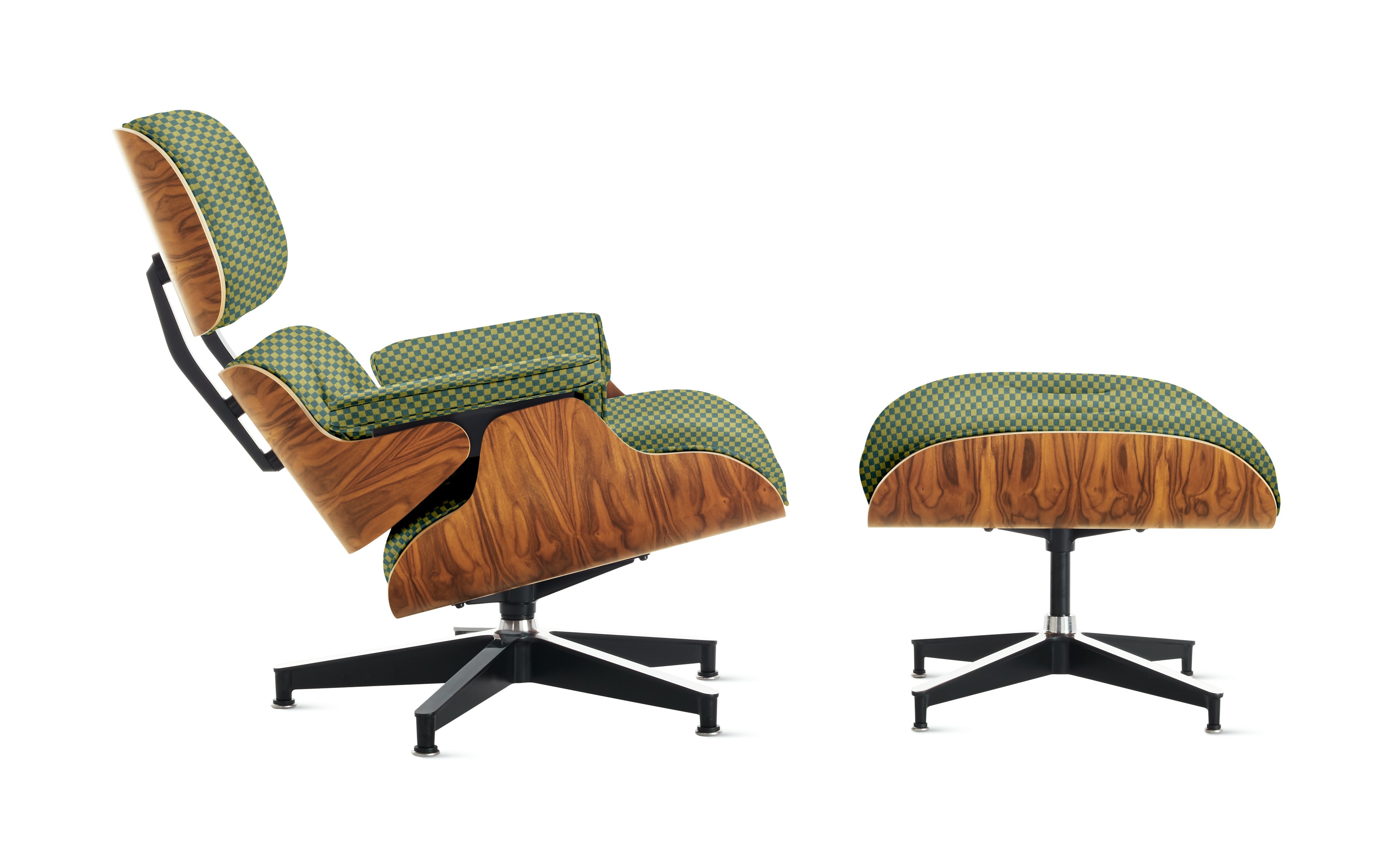 Eames Lounge & Ottoman - Standard,  Santos Palisander,  Checker,  Ultramarine / Emerald Light