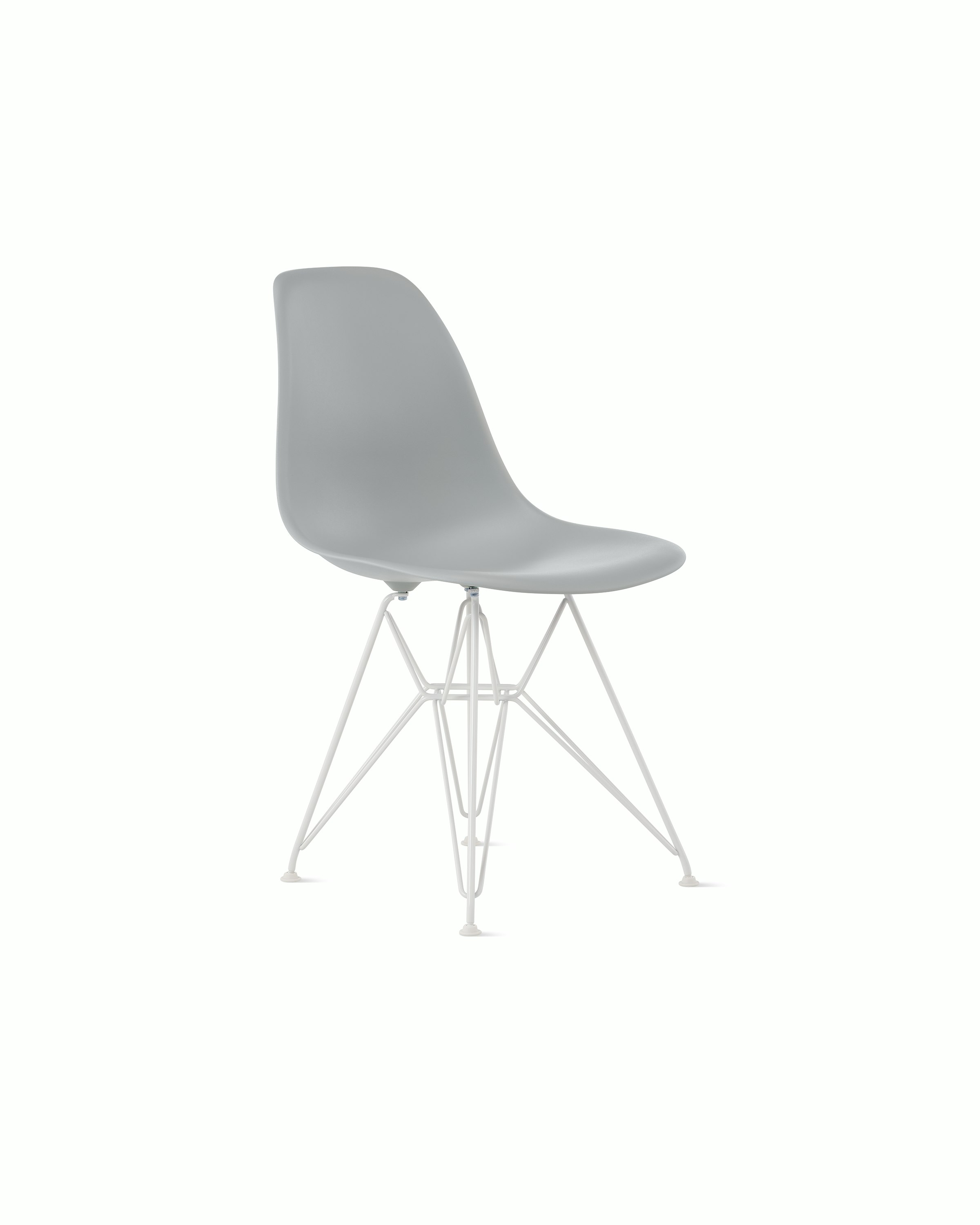 Front angle of light grey plastic shell chair on wire base.