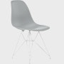 Front angle of light grey plastic shell chair on wire base.