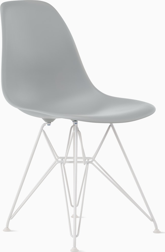 Front angle of light grey plastic shell chair on wire base.