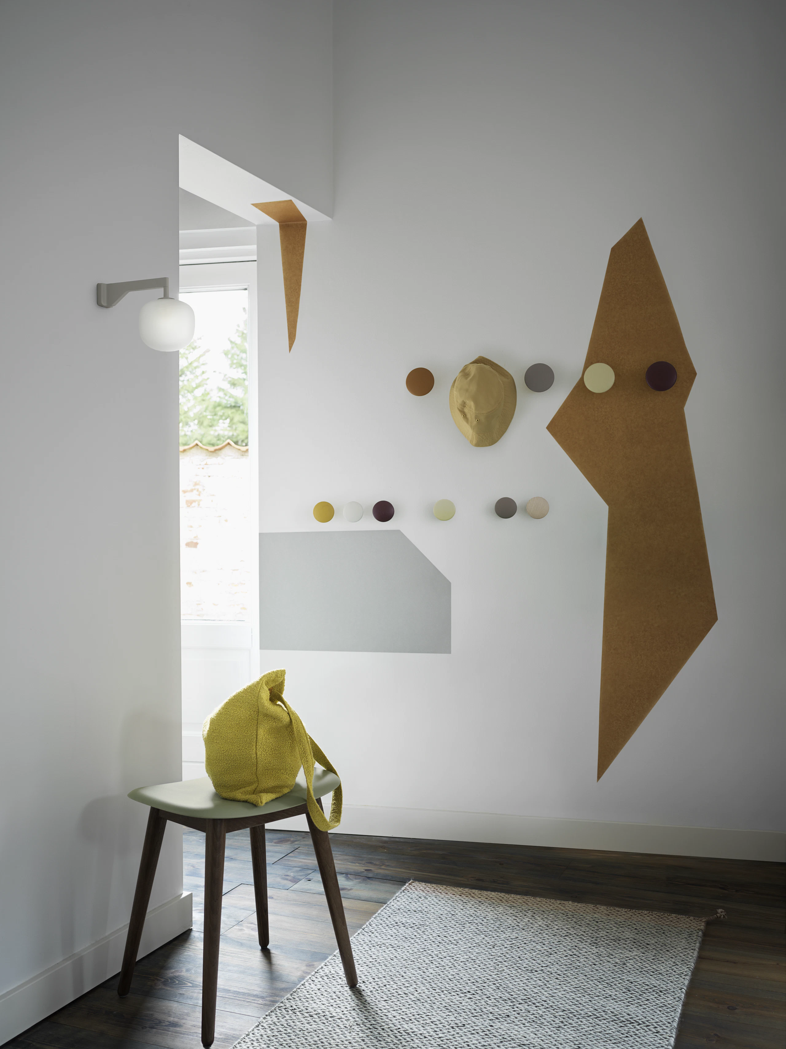 Dots Wood, Ambit Wall Lamp - Grey. Fiber Stool Wood Base - Dusty Green/Stained Dark Brown, Ply Rug - Black/White