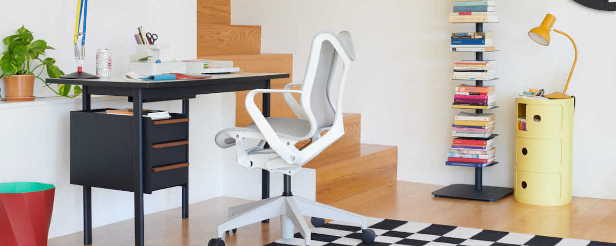 Componibili Storage Unit, Cosm Chair and Mode Desk in a home office setting
