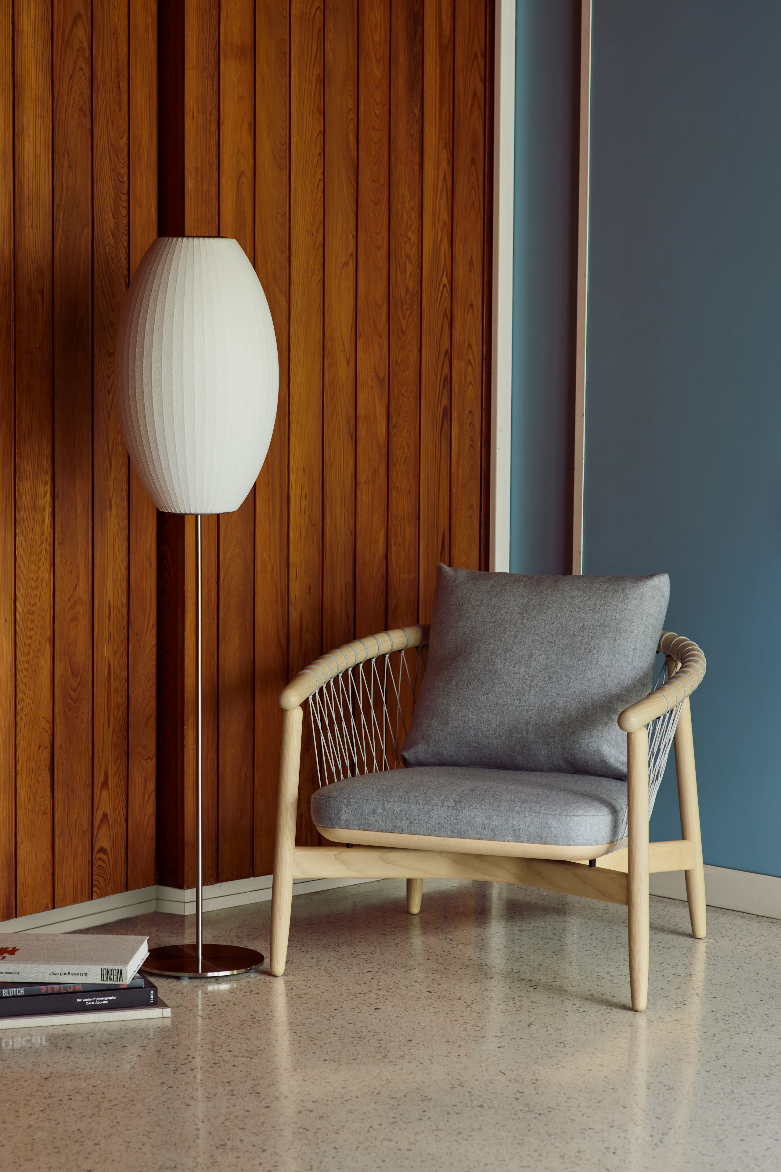 Crosshatch Chair, Nelson Cigar Lotus Floor Lamp