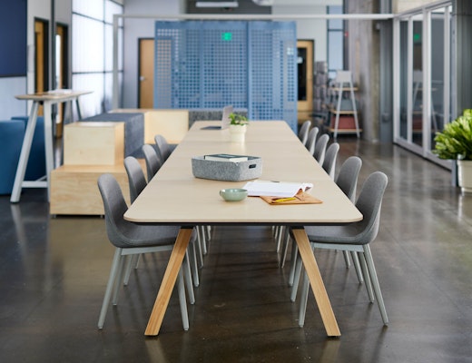 Rockwell Unscripted Community Space with Muuto rockwell unscripted library table tall table drink rail upholstered seat swivel stool creative wall filzfelt hanging panels fixed fins glass work lounge assembly community immersive open room semi enclosure muuto fiber side chair hospitality team meeting