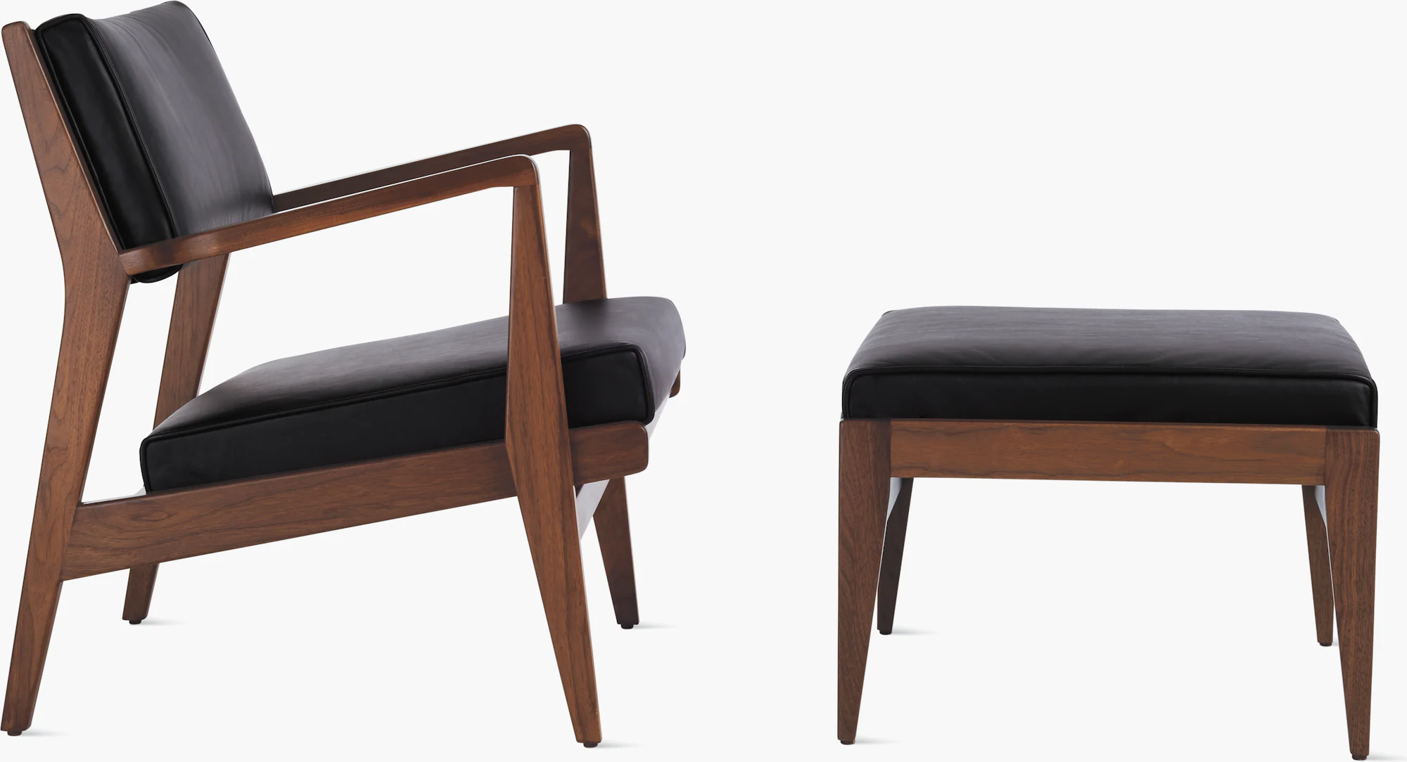 Black leather ottoman and chair in wood frame