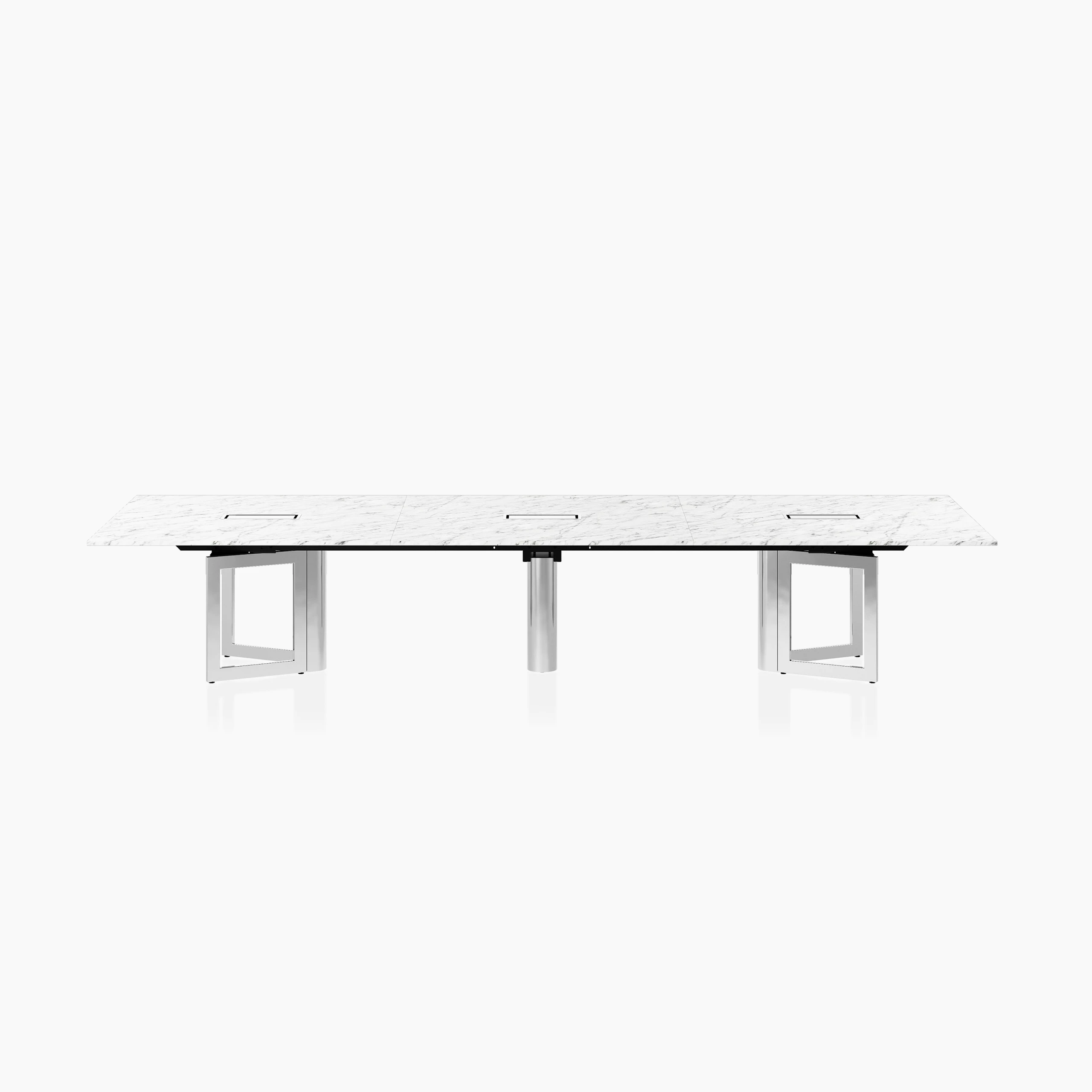 Highline Vector Conference Table in Arabescato Corchia Marble with a Polished Chrome base viewed from the front.