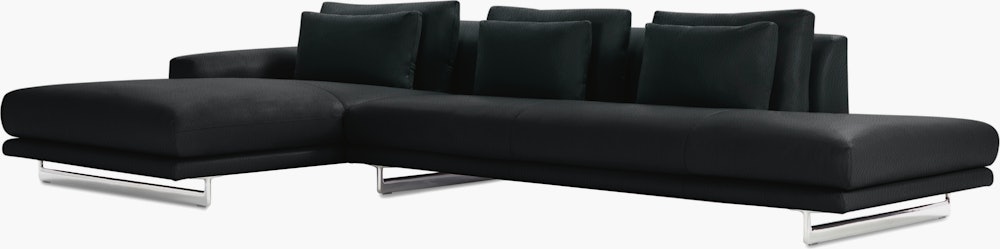 A black Lecco Open Sectional with Chaise viewed from the front