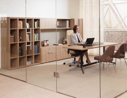 Anchor with Dividends Horizon Private Office laminate fronts wood grain laminate bookcase cubby credenza overhead storage locker tackboard table desk