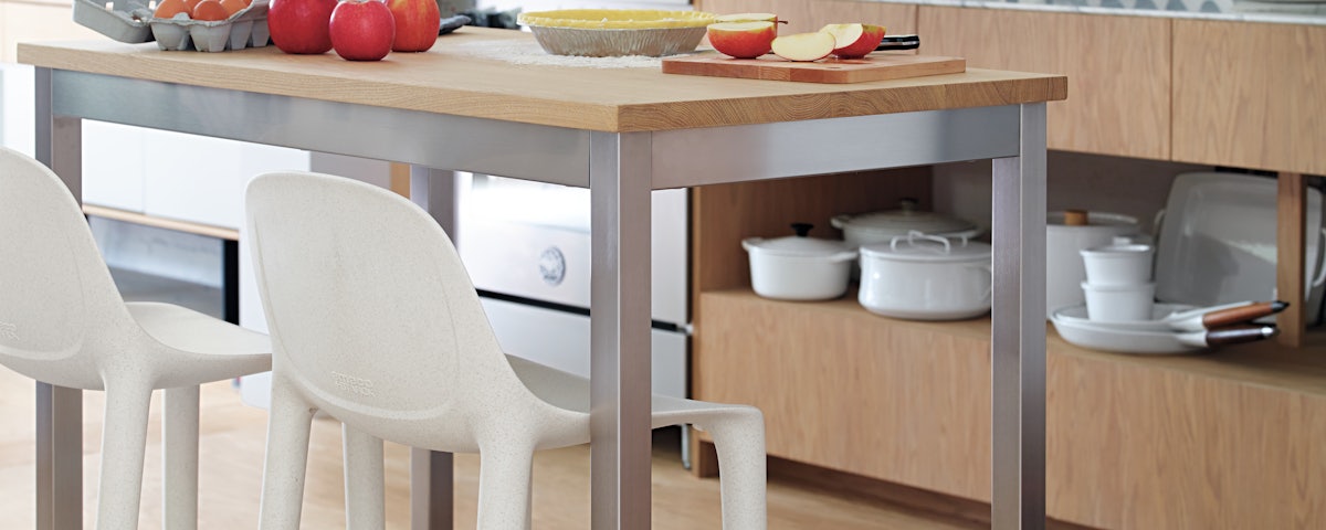 Two Broom Stools at a kitchen prep island with apple pie ingredients