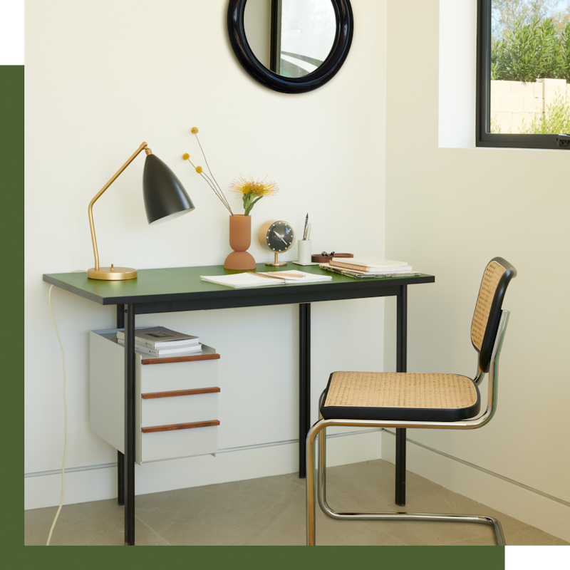 Mode Desk,  Cesca Chair,  Grasshopper Table Lamp,  Duplum Mirror,  Nelson Night Clock,  Dual Vase