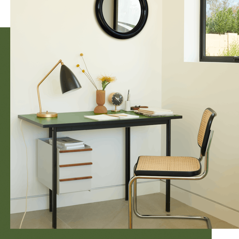 Mode Desk,  Cesca Chair,  Grasshopper Table Lamp,  Duplum Mirror,  Nelson Night Clock,  Dual Vase