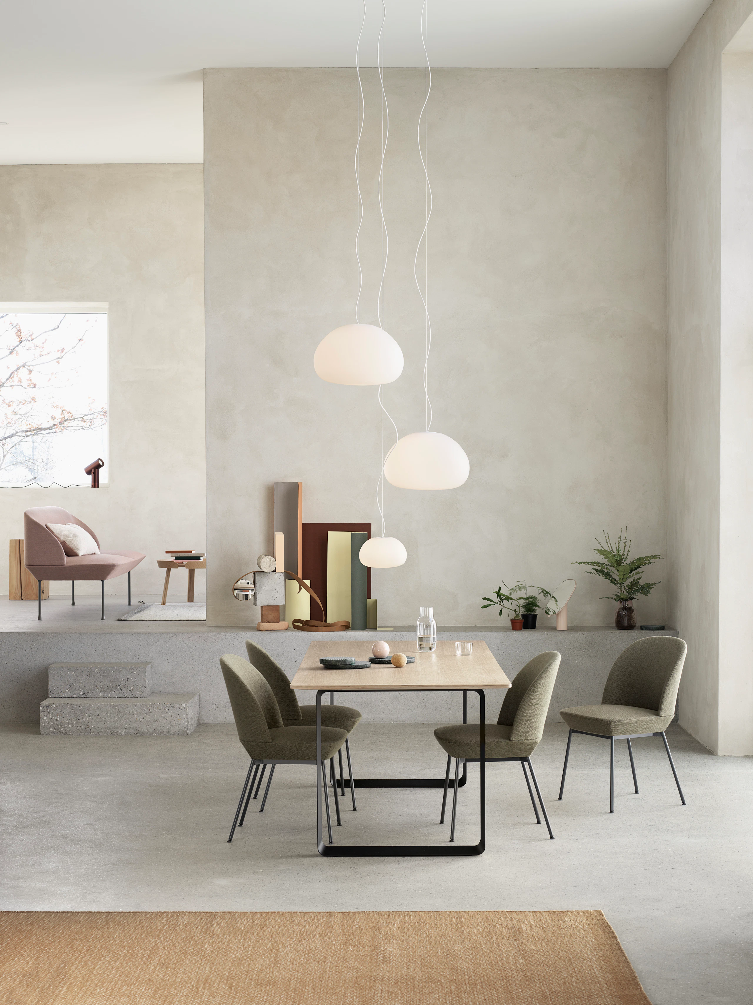 Beam Lamp Umber, Oslo Sofa Fiord 551/Light Grey legs, Around Coffee Table Oak, Fluid Pendant Lamp, Oslo Side Chair Ocean 21/Anthracite Black, 70/70 Table Oak/Black, Ply Rug Burnt Orange