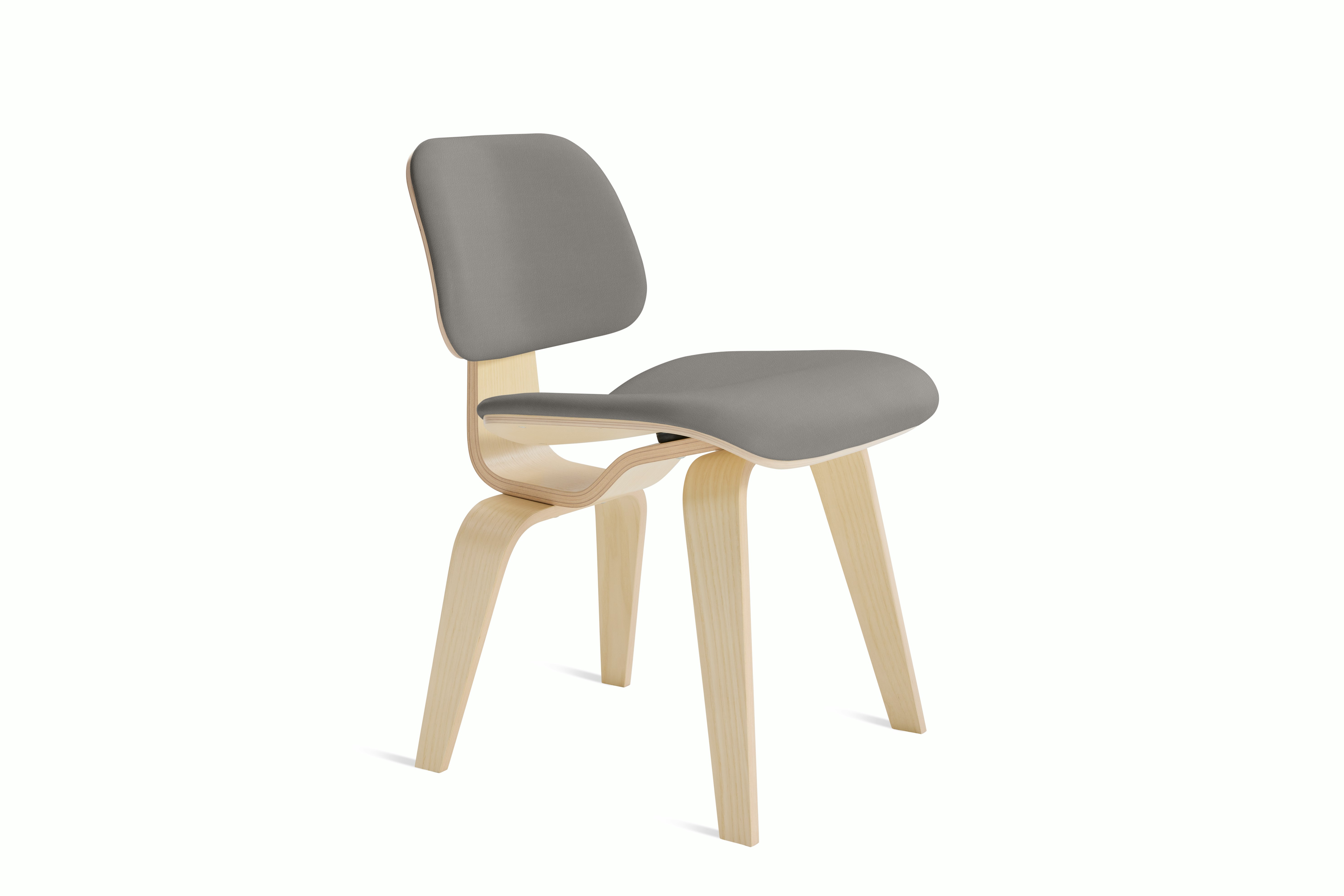 Eames Molded Plywood Dining Chair Wood Base (DCW) in White Ash,  Prone Leather,  Script