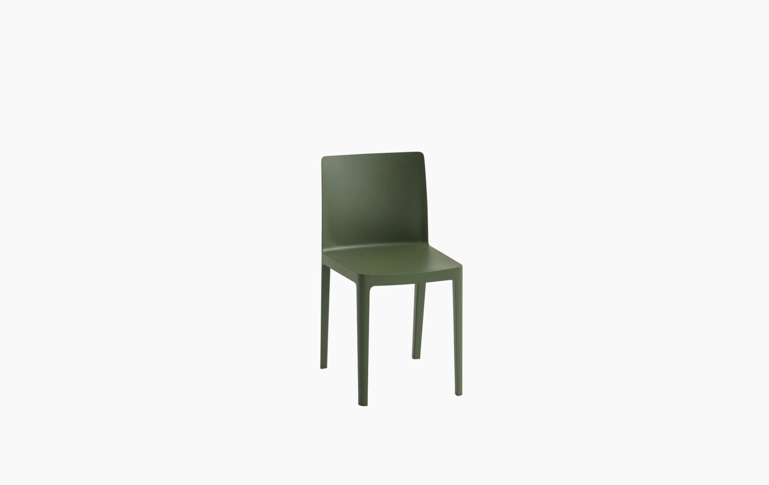 A three quarter angle view of an olive Elementaire Side Chair.